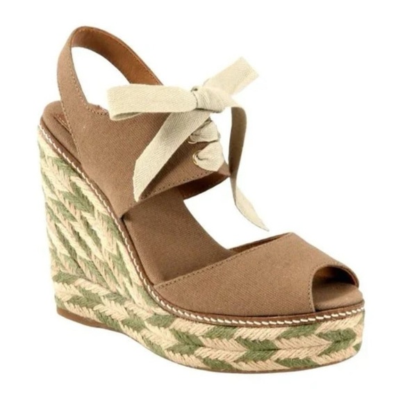 Tory Burch Espadrille Linley Wedge Sandals Brown Canvas with Green/Tan Jute 8M - Picture 1 of 16